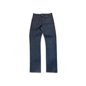 A pair of dark blue denim jeans laid flat against a solid white background.