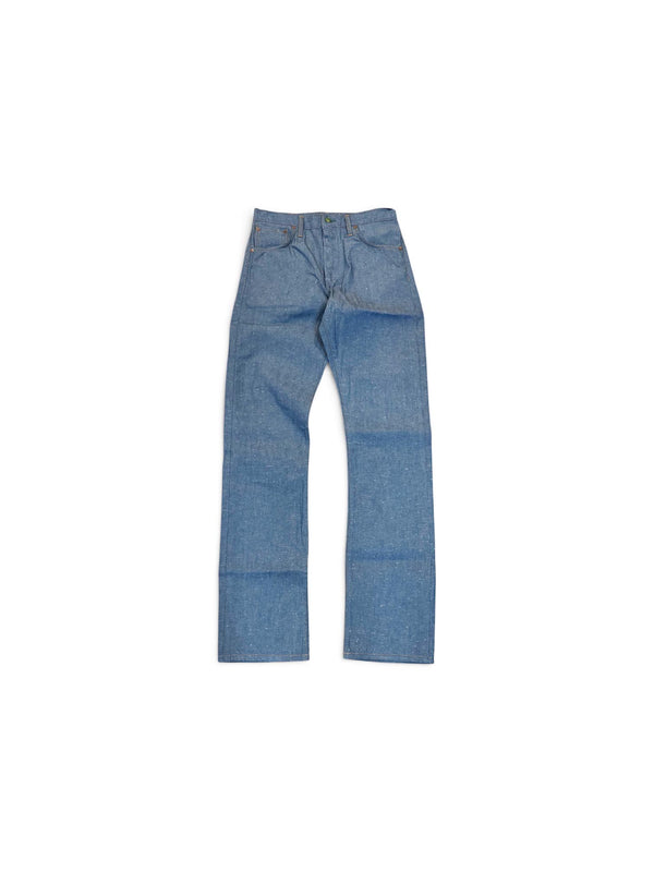 A pair of light blue denim jeans laid flat against a solid white background.